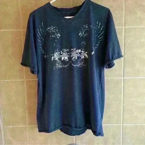 Vintage Y2K Dickies V-Neck T-Shirt Embroidered Logo Angel Wings Blue Size Large